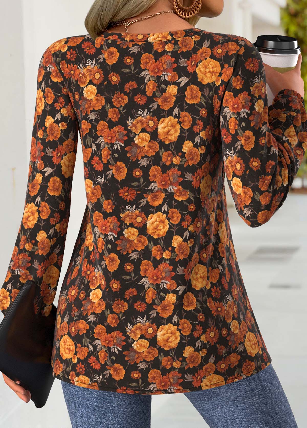 Floral Print Peplum Terracotta Long Sleeve Split Neck Blouse
