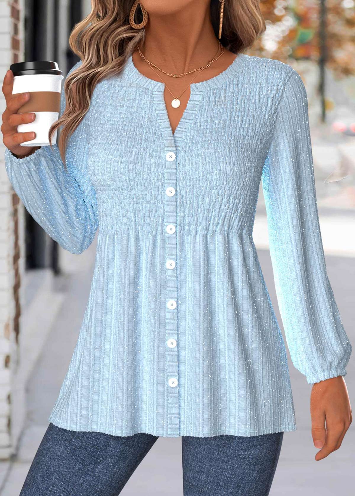 Tummy Coverage Light Blue Long Sleeve V Neck Blouse