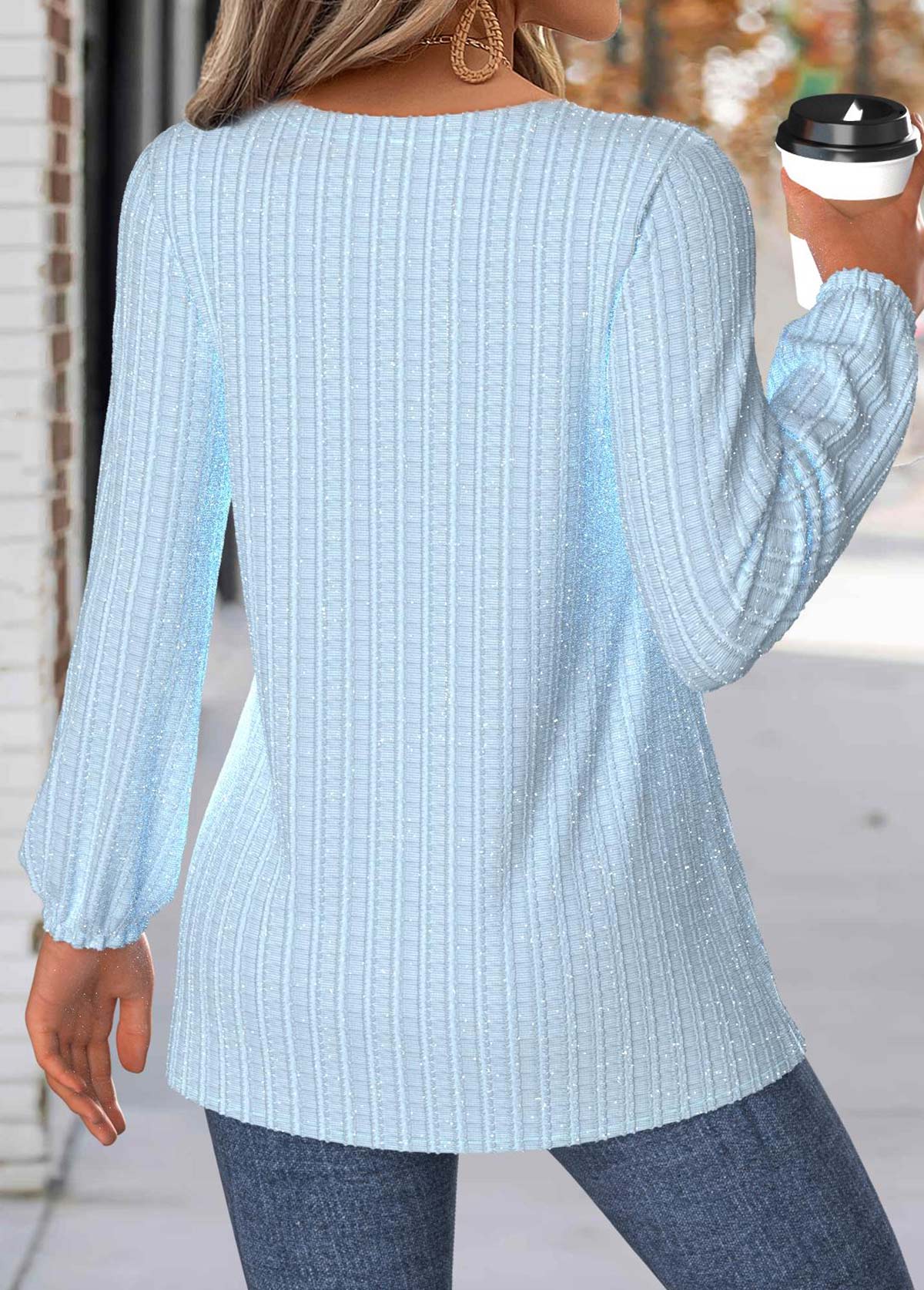 Tummy Coverage Light Blue Long Sleeve V Neck Blouse