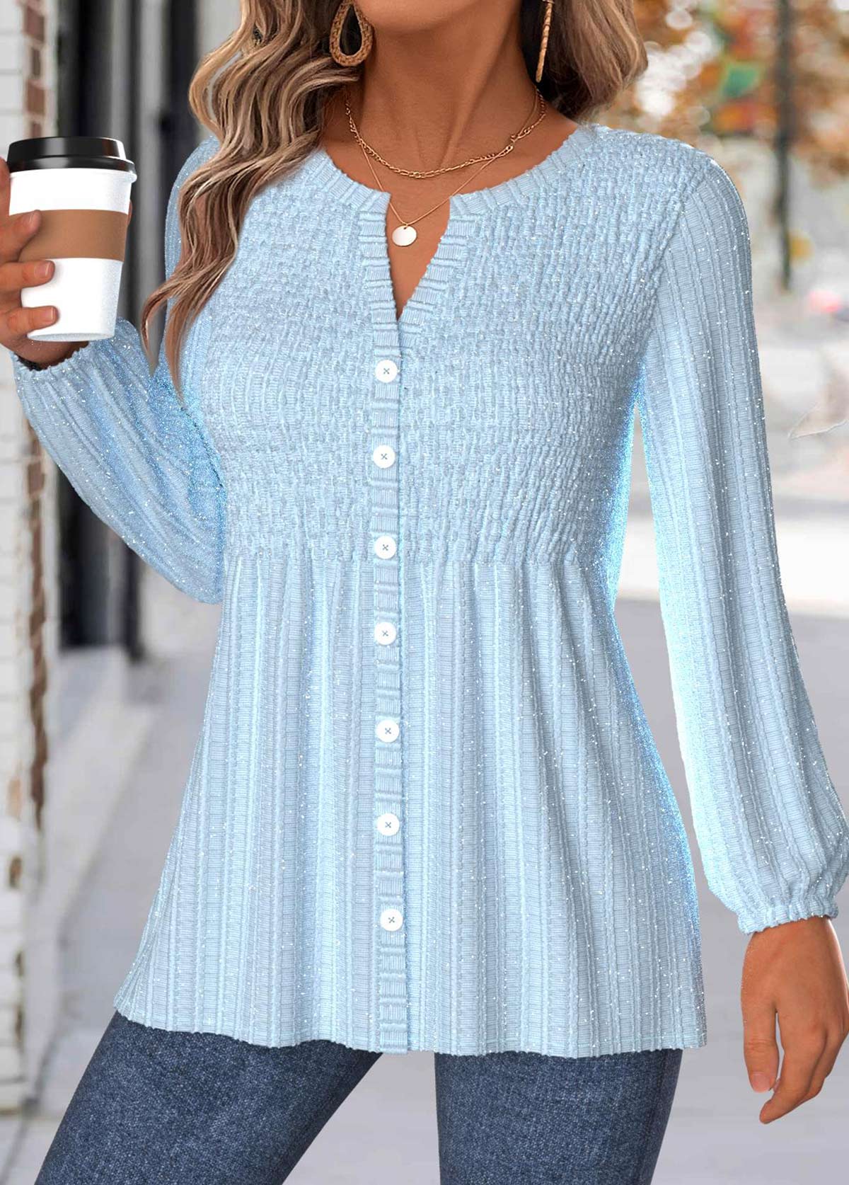 Tummy Coverage Light Blue Long Sleeve V Neck Blouse