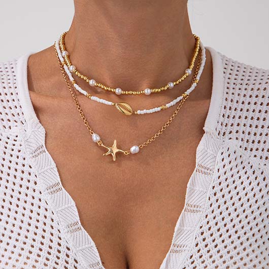 Golden Shell Pearl Alloy Beaded Necklace