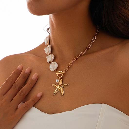 Golden Metal Shell Starfish Design Necklace