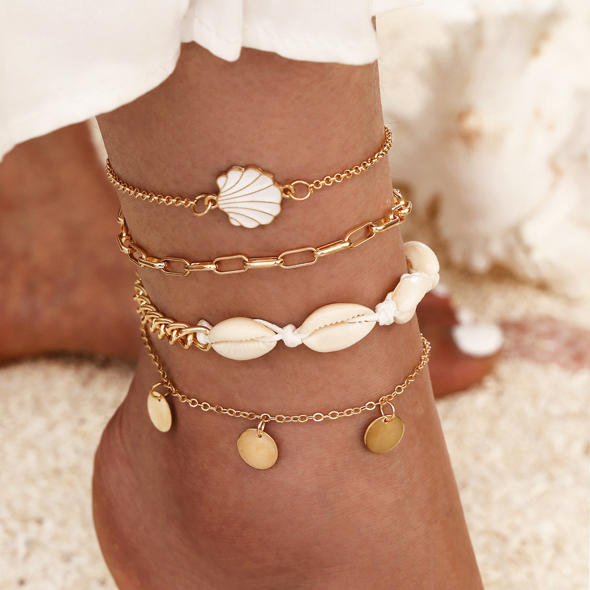 Golden Color Shell Alloy Detail Anklets