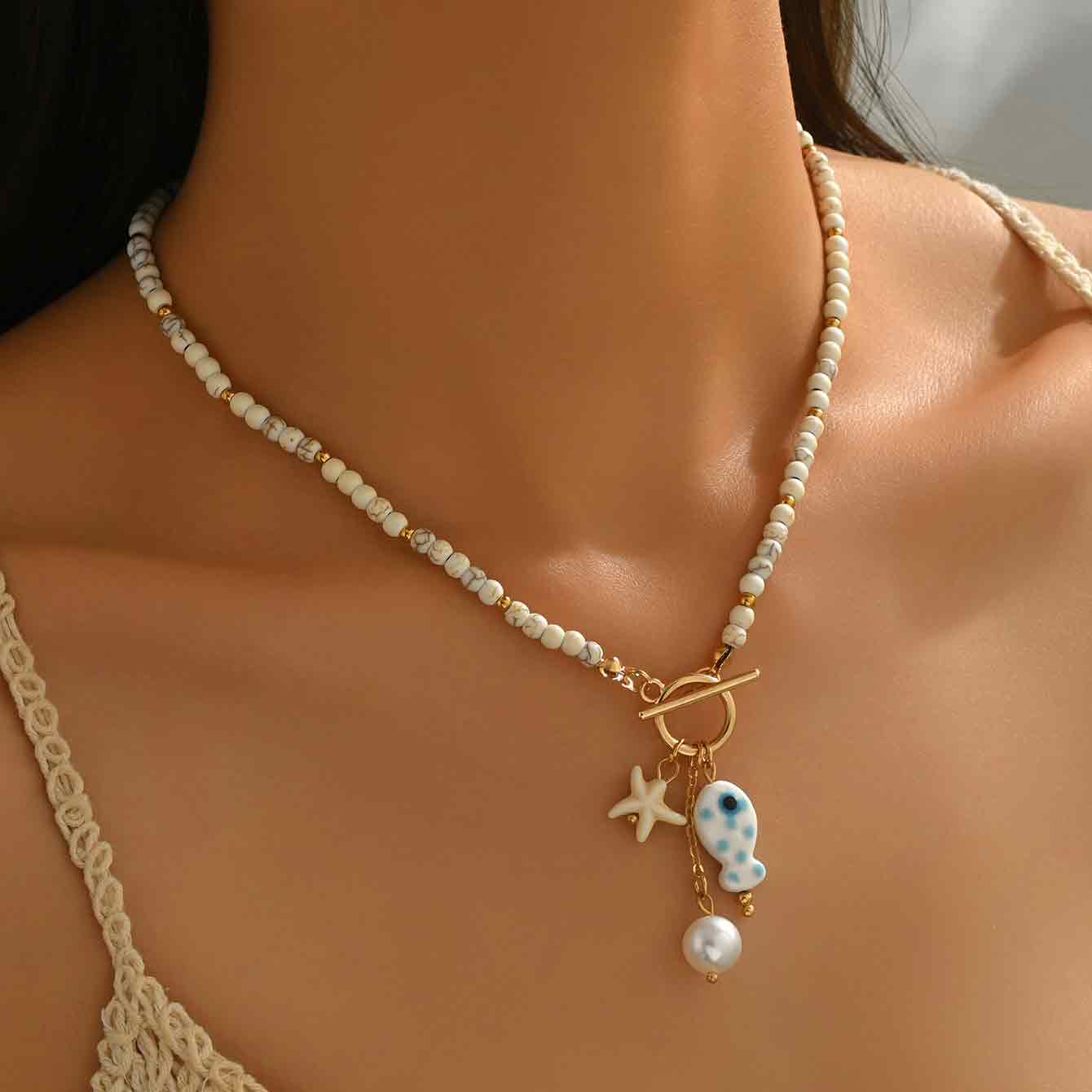 Beige Color Round Glass Detail Necklace