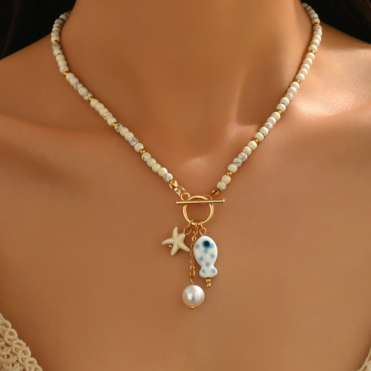 Beige Color Round Glass Detail Necklace
