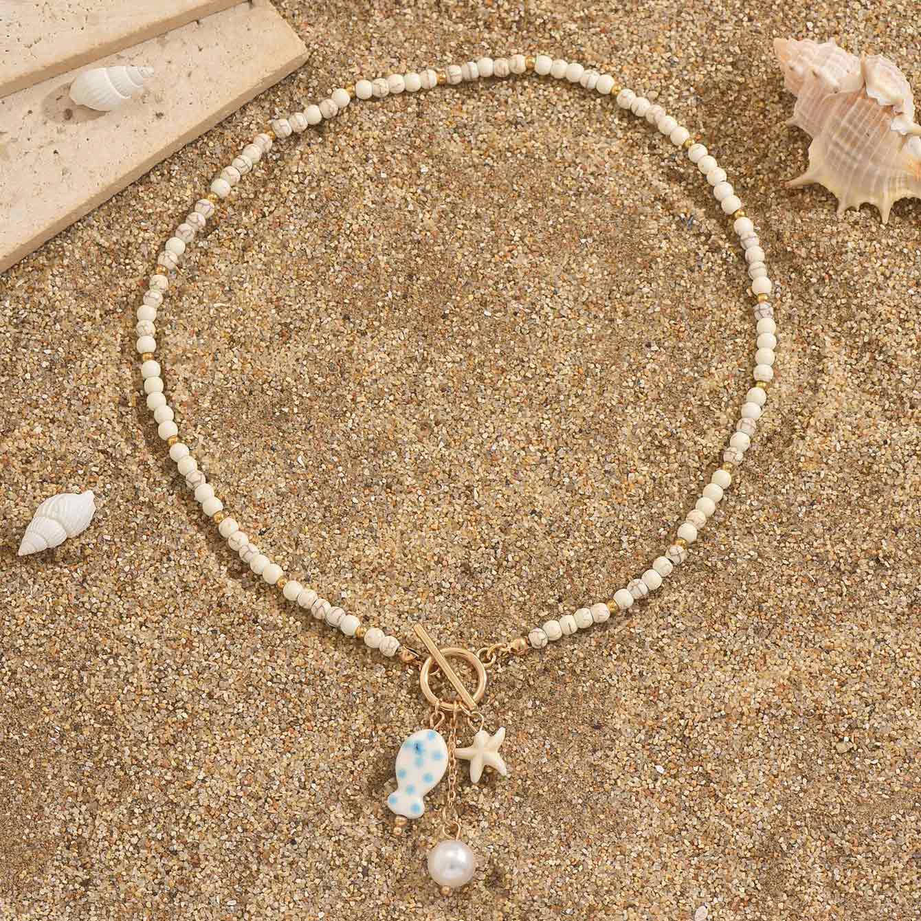 Beige Color Round Glass Detail Necklace
