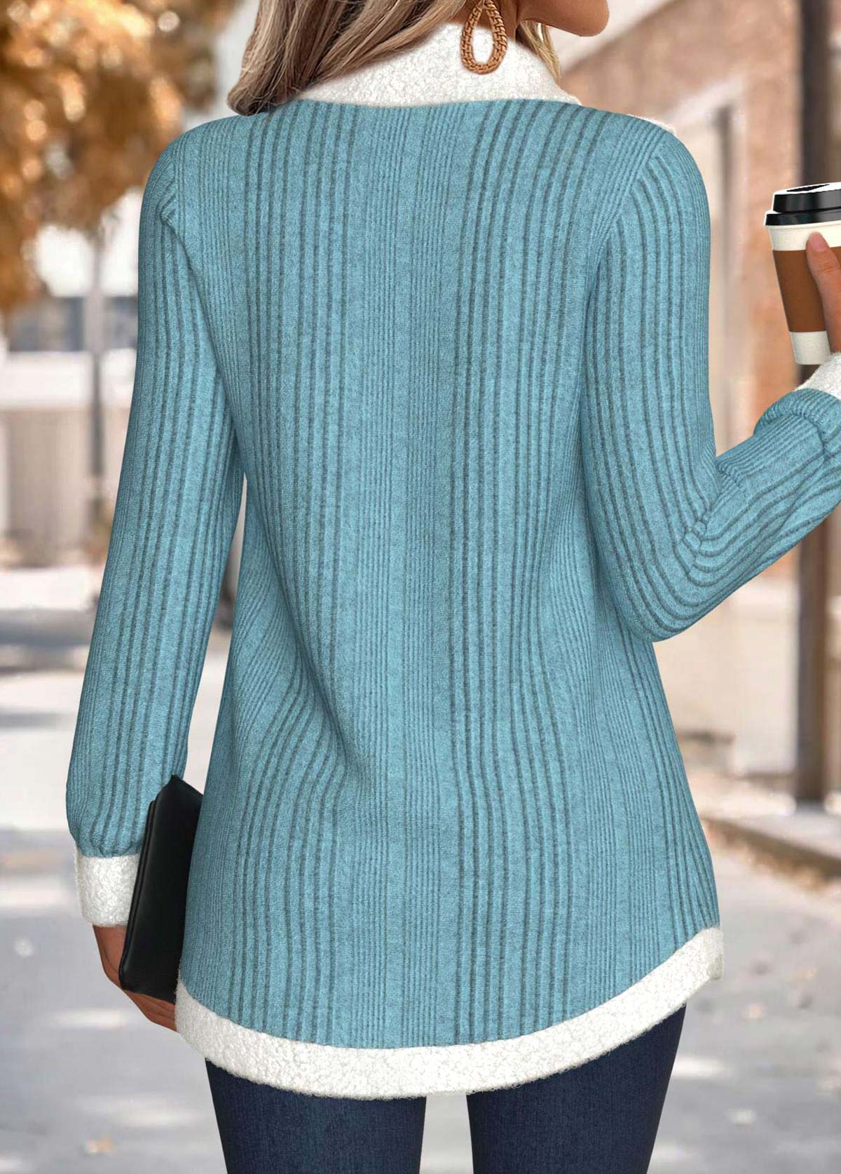 Tummy Coverage Cyan Long Sleeve Cowl Neck Sweatshirt