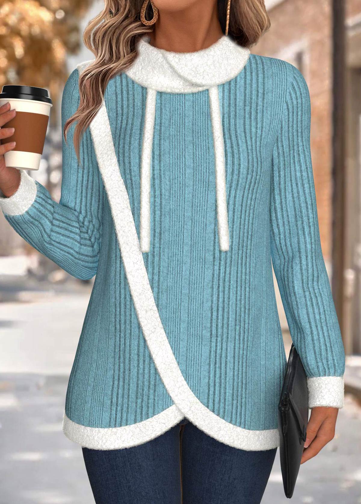 Tummy Coverage Cyan Long Sleeve Cowl Neck Sweatshirt