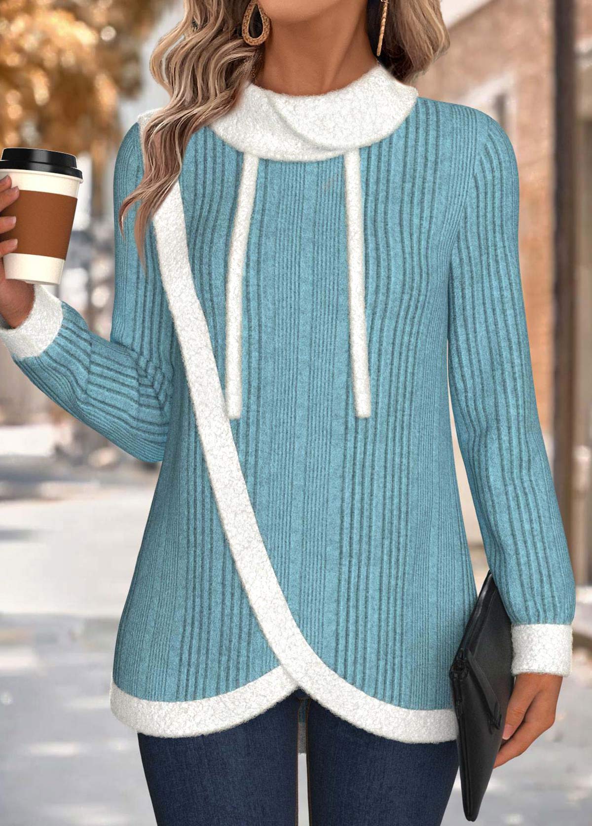 Tummy Coverage Cyan Long Sleeve Cowl Neck Sweatshirt