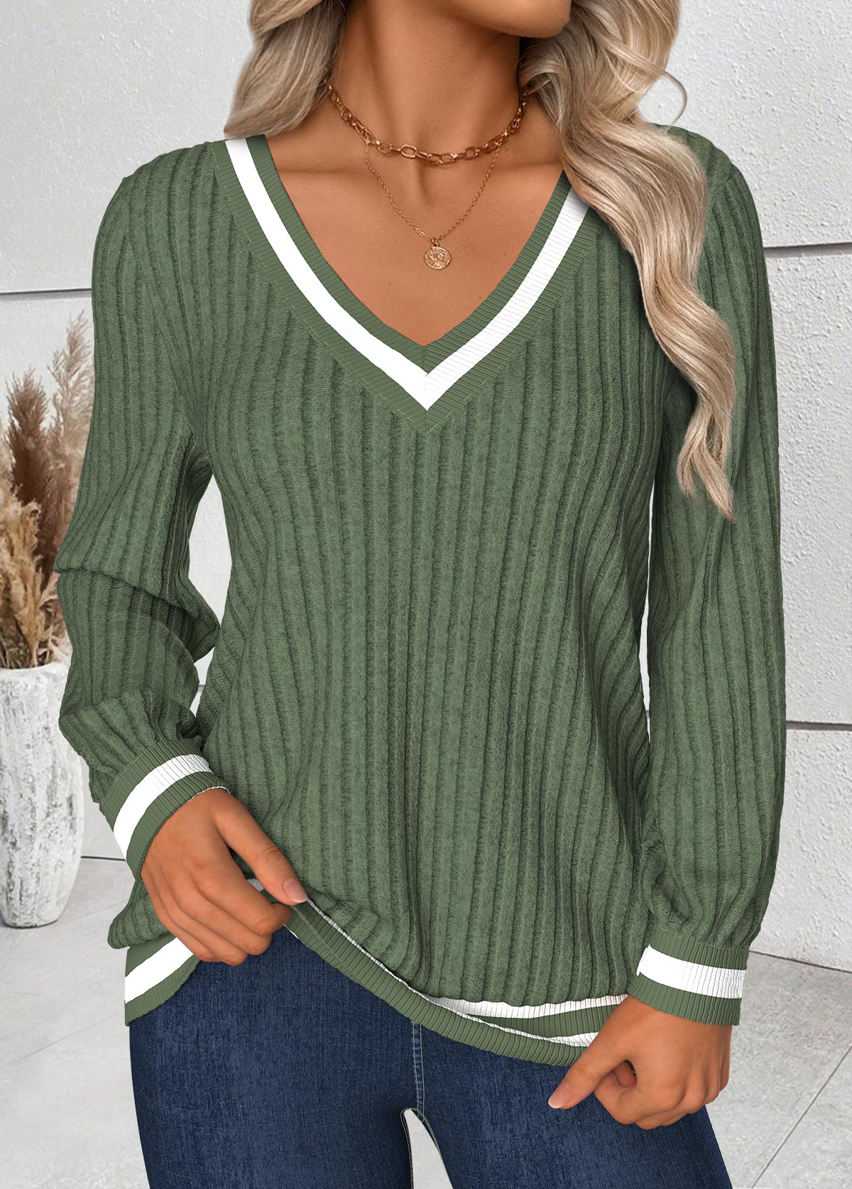 Striped Tummy Coverage Sage Green Long Sleeve T Shirt