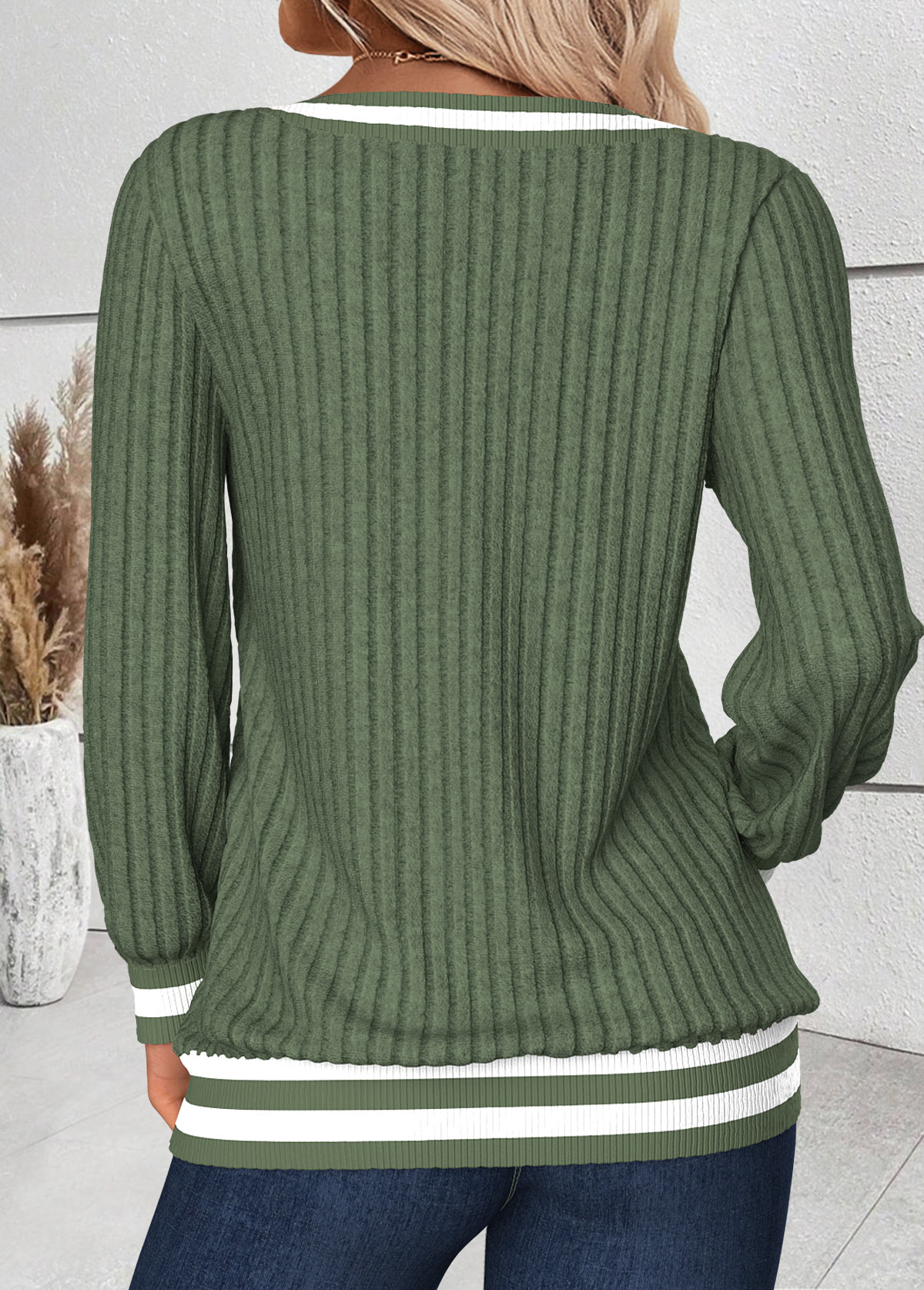 Striped Tummy Coverage Sage Green Long Sleeve T Shirt