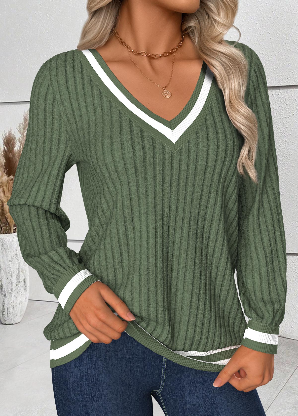 Striped Tummy Coverage Sage Green Long Sleeve T Shirt