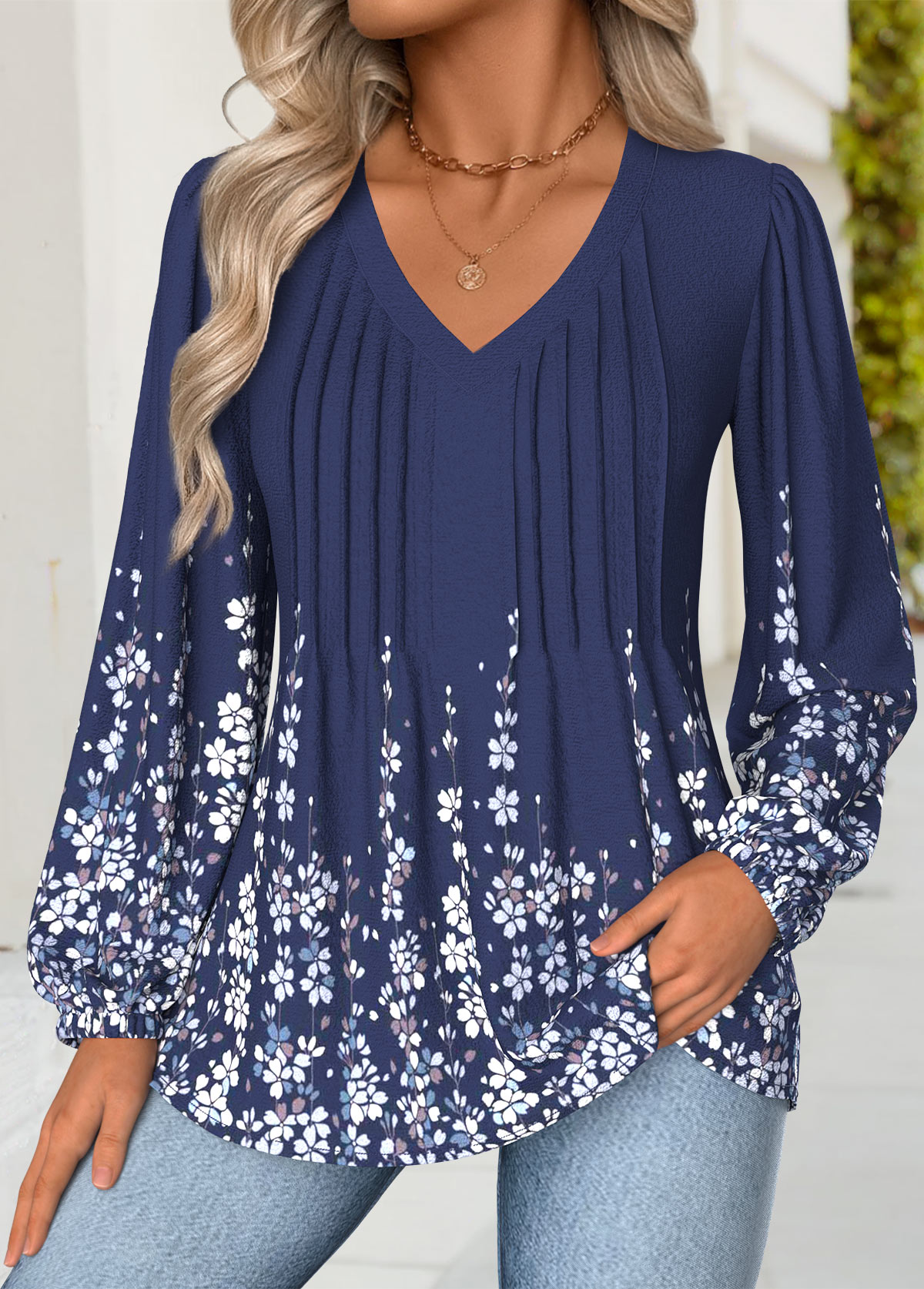 Floral Print Tummy Coverage Navy Long Sleeve Blouse