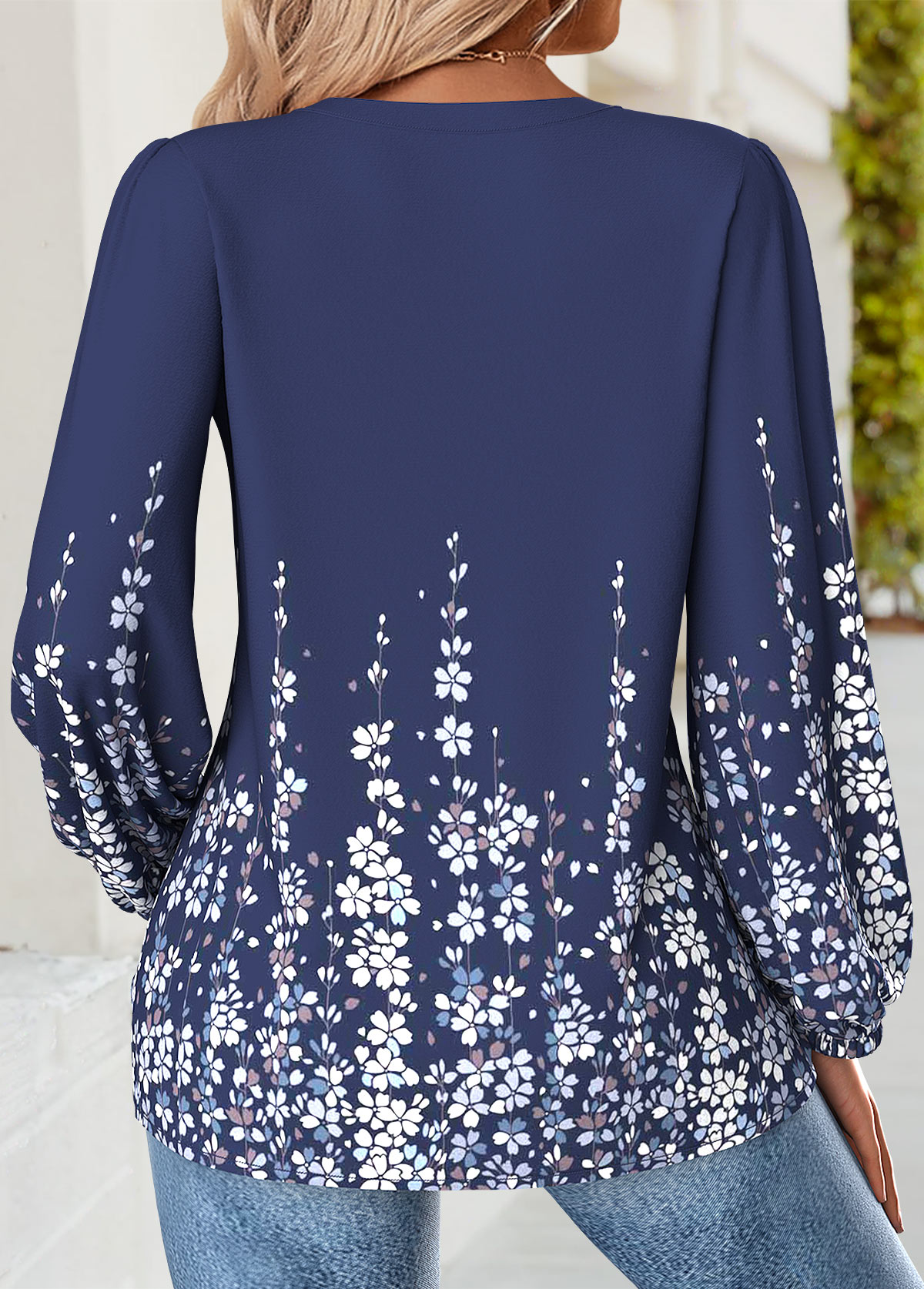 Floral Print Tummy Coverage Navy Long Sleeve Blouse