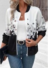 Floral Print Zipper White Long Sleeve Stand Collar Jacket