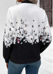 Floral Print Zipper White Long Sleeve Stand Collar Jacket