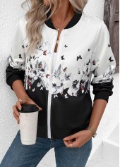 Floral Print Zipper White Long Sleeve Stand Collar Jacket