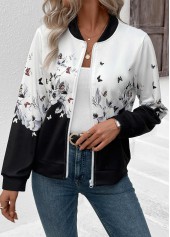 Floral Print Zipper White Long Sleeve Stand Collar Jacket