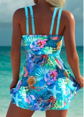 Mid Waisted Marine Life Print Surplice Cyan Tankini Set