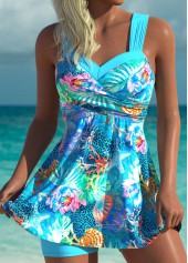 Mid Waisted Marine Life Print Surplice Cyan Tankini Set