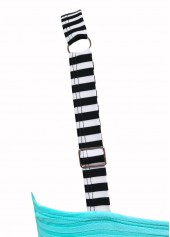 Mid Waisted Striped Contrast Binding Cyan Tankini Set