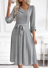 Tummy Coverage Belted Light Grey Marl Long Sleeve Dress