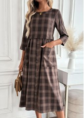 Plaid Tummy Coverage Dark Coffee 3/4 Sleeve Dress