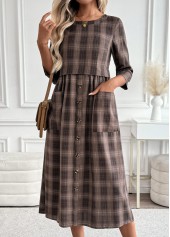 Plaid Tummy Coverage Dark Coffee 3/4 Sleeve Dress