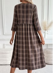 Plaid Tummy Coverage Dark Coffee 3/4 Sleeve Dress