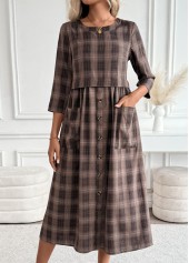 Plaid Tummy Coverage Dark Coffee 3/4 Sleeve Dress