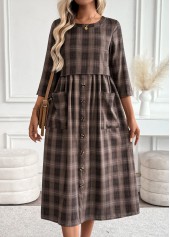 Plaid Tummy Coverage Dark Coffee 3/4 Sleeve Dress