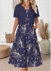 Floral Print Navy Half Sleeve Dress and Cardigan
