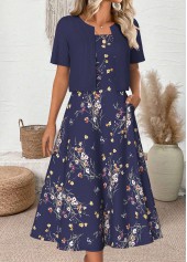 Floral Print Navy Half Sleeve Dress and Cardigan