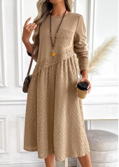 Tummy Coverage Dark Camel Long Sleeve Round Neck Dress