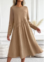 Tummy Coverage Dark Camel Long Sleeve Round Neck Dress