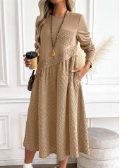 Tummy Coverage Dark Camel Long Sleeve Round Neck Dress