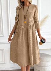 Tummy Coverage Dark Camel Long Sleeve Round Neck Dress