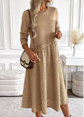 Tummy Coverage Dark Camel Long Sleeve Round Neck Dress