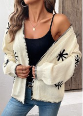 Geometric Print Beige Long Sleeve Cardigan