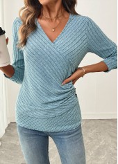 Surplice Dusty Blue Long Sleeve V Neck T Shirt