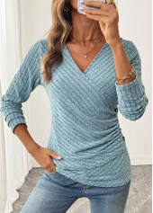 Surplice Dusty Blue Long Sleeve V Neck T Shirt