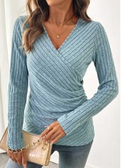 Surplice Dusty Blue Long Sleeve V Neck T Shirt