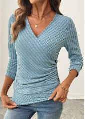 Surplice Dusty Blue Long Sleeve V Neck T Shirt