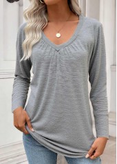 Tummy Coverage Grey Long Sleeve V Neck T Shirt