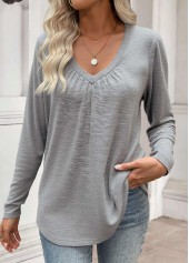 Tummy Coverage Grey Long Sleeve V Neck T Shirt