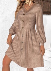 Patchwork Light Coffee Long Sleeve V Neck Dress