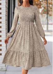 Leopard Tummy Coverage Light Coffee Long Sleeve Dress