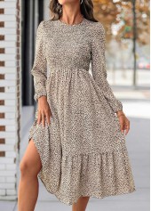 Leopard Tummy Coverage Light Coffee Long Sleeve Dress