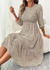 Leopard Tummy Coverage Light Coffee Long Sleeve Dress