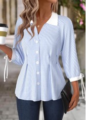 Striped Light Blue 3/4 Sleeve Turn Down Collar Blouse